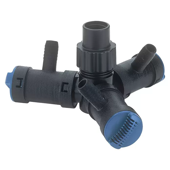 Oase Wasserverteiler Multi WD - ½″ - Schwarzer Kunststoff-Mehrfachverteiler mit blauen Endkappen, ideal zur Wasserverteilung oder zum Anschluss mehrerer Schläuche.