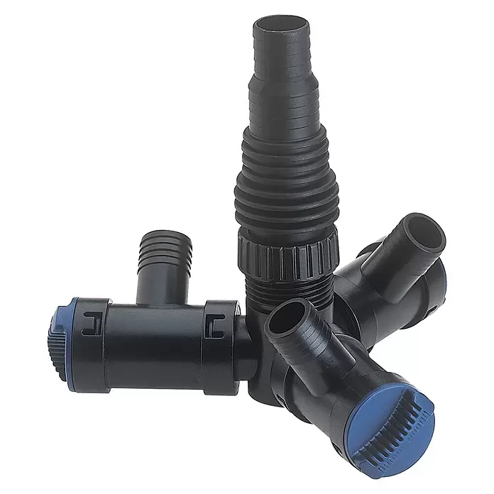 Oase Wasserverteiler Multi WD - 1″ - Schwarzer Kunststoff-Wasserverteiler mit mehreren Schlauchanschlüssen und blauen Akzenten.