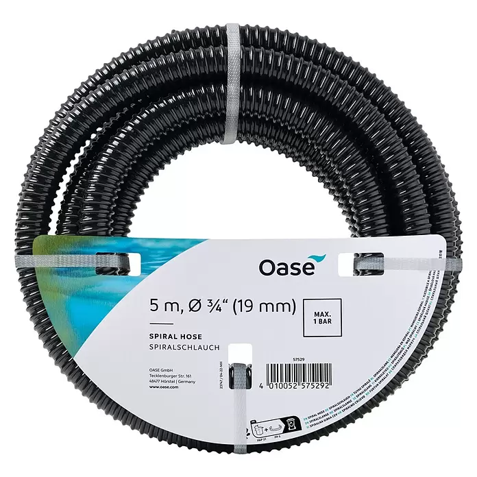 Oase Spiralschlauch - Länge: 5 m, ¾″, Betriebsdruck: 3 bar - Aufgerollter schwarzer Spiralschlauch mit Produktinformationsetikett.