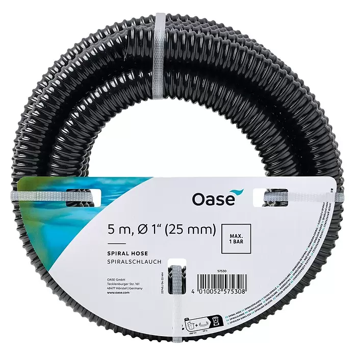 Oase Spiralschlauch - Länge: 5 m, 1″, Betriebsdruck: 3 bar - Schwarzer gewellter Spiralschlauch, 5m lang, 1 Zoll (25mm) Durchmesser, aufgerollt und verpackt.