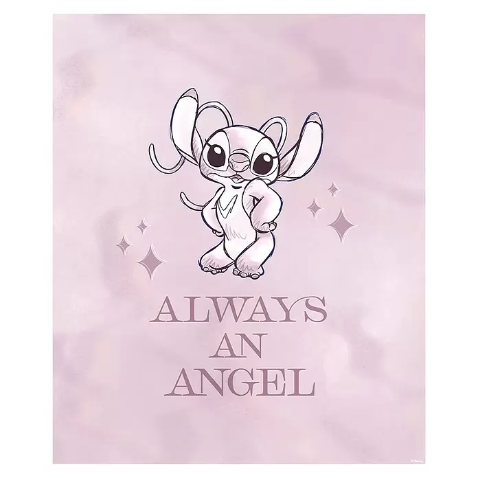 Komar Poster - Stitch always an Angel, B x H: 30 x 40 cm - Zeichnung von Angel (Lilo & Stitch) mit Text 'Always an Angel' auf hellviolettem Aquarellhintergrund mit Sternen.