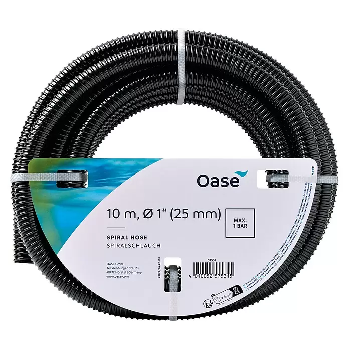 Oase Spiralschlauch - Länge: 10 m, 1″, Betriebsdruck: 3 bar - Schwarzer aufgerollter Spiralschlauch mit Produktetikett, Länge 10m, Ø 1" (25mm).