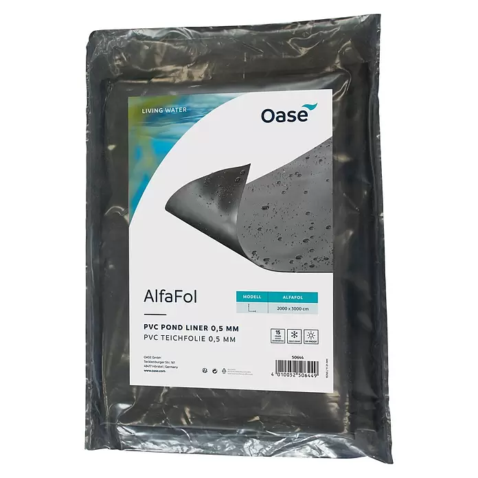 Oase PVC-Teichfolie Alfafol - Stärke: 0,5 mm, 2 x 1,5 m - Schwarze PVC-Teichfolie AlfaFol, in Verpackung.
