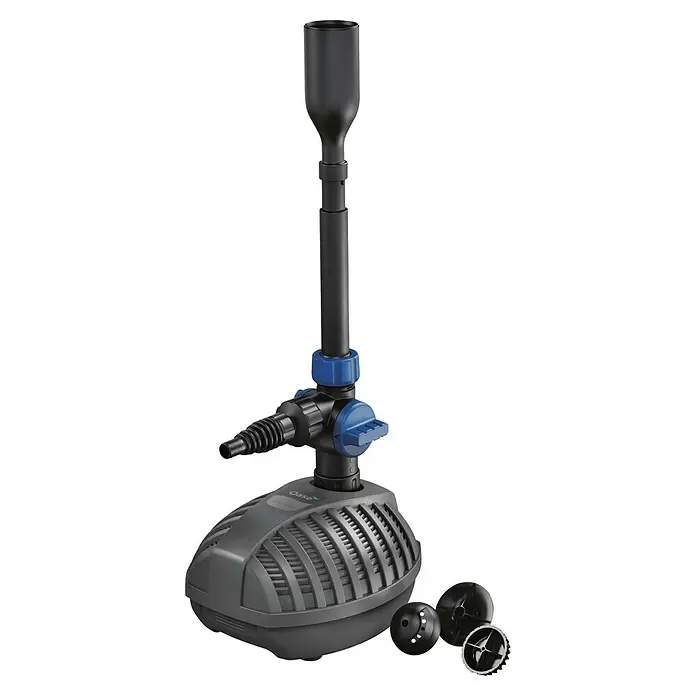 Oase Wasserspielpumpe Aquarius Fountain Set Classic 750 - 9 W, Fördermenge pro Std.: 720 l - Dunkelgraue Teichpumpe mit schwarzem verstellbarem Fontänenaufsatz, blauem Ventil und drei austauschbaren Fontänenaufsätzen.