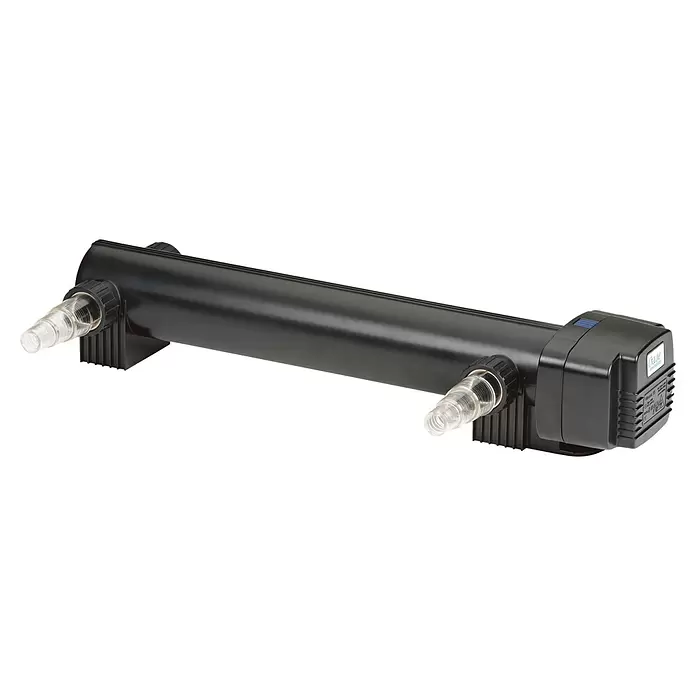 Oase Vorklärgerät Vitronic 55 W - Teichgröße: 60 m³, Fördermenge pro Std.: 8.500 l - Schwarzer Oase UV-Klärer mit transparenten Schlauchanschlüssen zur Wasserfiltration.