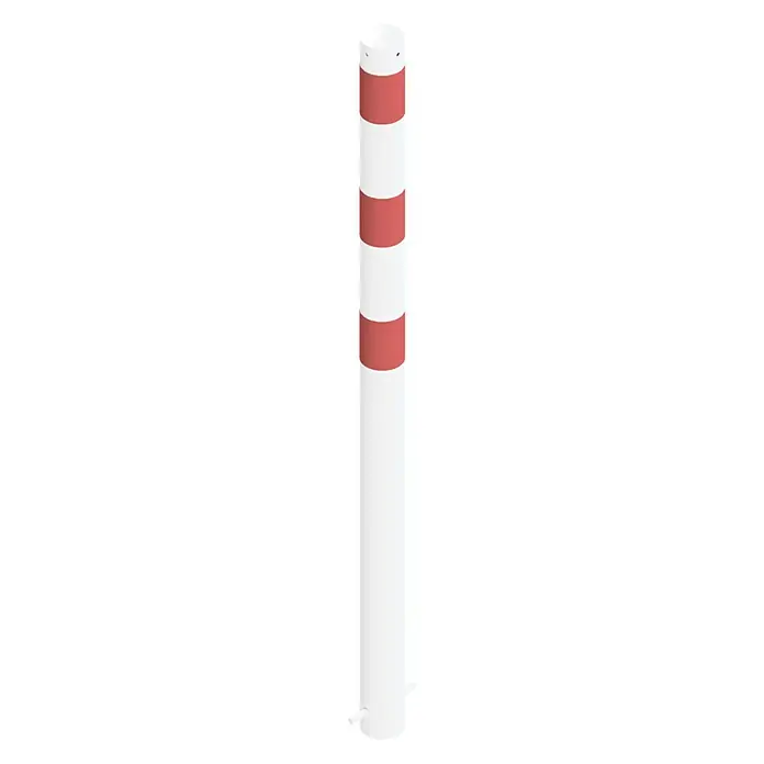 Schake Sperrpfosten - Ø x H: 76 x 1.400 mm, Stahl, Einbetonieren, Weiß/Rot, Ohne Öse - Pfosten mit roten Streifen. Der rot-weiß gestreifte Leitpfosten ist ein auffälliges Hindernis.