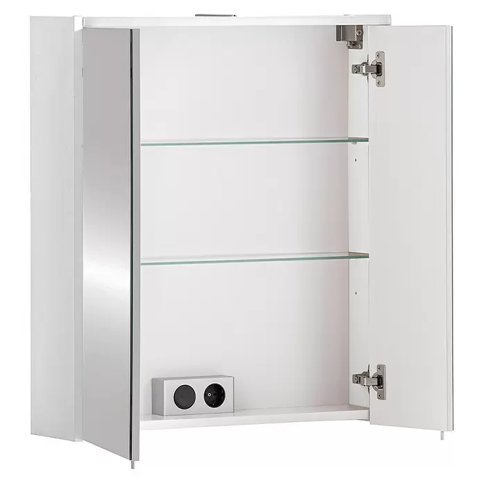 Schildmeyer Bento LED-Spiegelschrank - B x H: 63,5 x 72,4 cm, Holz, Weiß - Weißer zweitüriger Badschrank mit zwei Glasböden und integrierter Steckdose.