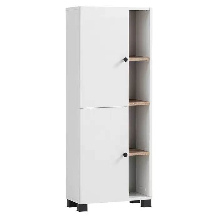 Schildmeyer Bento Midischrank - B x T x H: 45 x 23,4 x 113,2 cm, Weiß/Eiche, Matt - Weißer Schrank mit zwei Türen und offenen Regalfächern in Eichenoptik, schwarzen Griffen und Füßen.