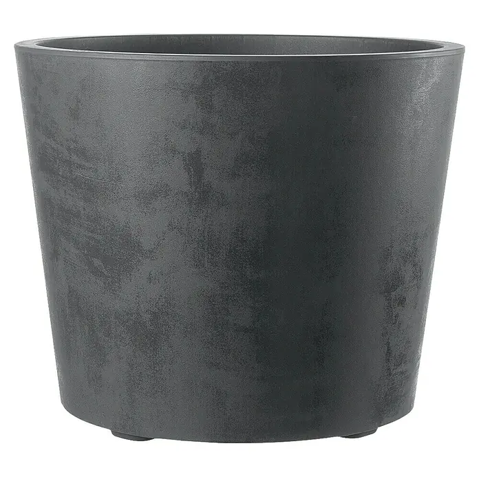 Deroma Millennium Pflanzkübel rund - Außenmaß (Ø x H): 59 x 49 cm, Aus recyceltem Kunststoff, Anthrazit - Nahaufnahme eines grauen, strukturierten Pflanzgefäßes, das vielseitig für Zimmer- und Gartengestaltung geeignet ist und robuste Eleganz bietet.