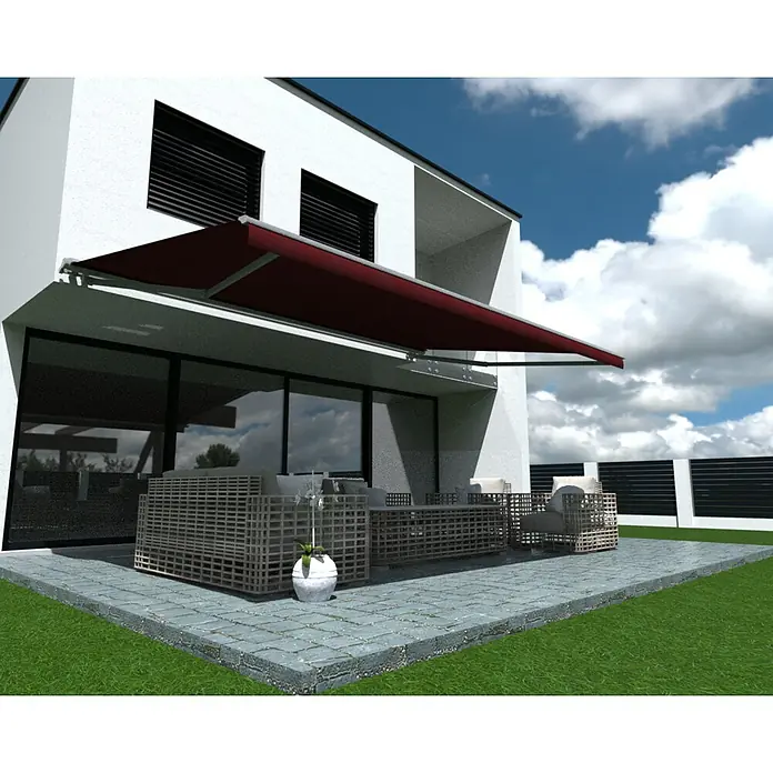 SM Hülsenmarkise T-407/11 - Rot, Farbe Gestell: Weißaluminium, Breite: 3,6 m, Ausfall: 2,5 m - Das Bild zeigt eine moderne Hausfassade mit einer stilvollen Markise, die Schatten spendet, sowie Gartenmöbel auf der Terrasse.