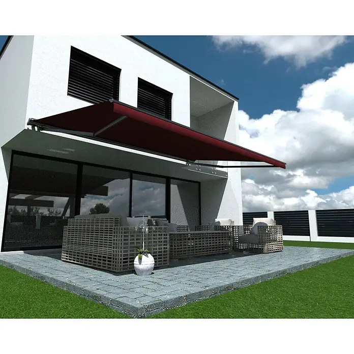 SM Hülsenmarkise T-407/11 - Rot, Farbe Gestell: Anthrazitgrau, Breite: 2,5 m, Ausfall: 2 m - Eine elegante Terrasse mit einer Markise. Die rote Markise spendet Schatten über modernen Gartenmöbeln, perfekt für entspannte Stunden im Freien.