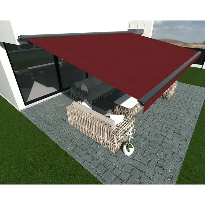SM Hülsenmarkise T-407/11 - Rot, Farbe Gestell: Anthrazitgrau, Breite: 2,5 m, Ausfall: 2 m - Das Bild zeigt eine moderne Terrassenüberdachung in Weinrot, die Schatten spendet und das Outdoor-Ambiente aufwertet.