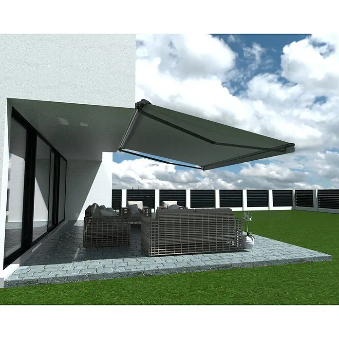 SM Hülsenmarkise REC-196 - Hellgrau, Farbe Gestell: Anthrazitgrau, Breite: 3,6 m, Ausfall: 2,5 m - Terrasse mit ausfahrbarer Markise, die Schatten spendet. Das robuste Design und die hochwertige Verarbeitung machen sie ideal für den Außenbereich.
