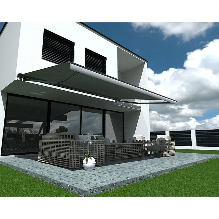 SM Hülsenmarkise REC-196 - Hellgrau, Farbe Gestell: Anthrazitgrau, Breite: 3,6 m, Ausfall: 2,5 m - Modernes Haus mit einer stilvollen Markise über einer Terrasse mit Gartenmöbeln. Die Markise bietet Schatten und Komfort.