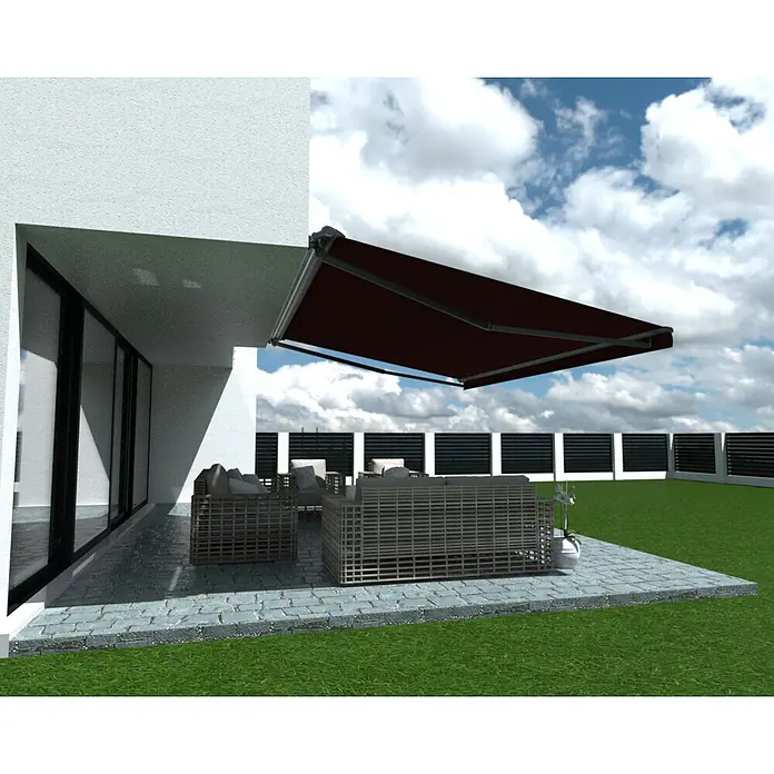 SM Hülsenmarkise T-407/11 - Rot, Farbe Gestell: Anthrazitgrau, Breite: 2,5 m, Ausfall: 2 m - Terrassenansicht mit einer stilvollen Markise, die Schatten spendet und das elegante Möbelensemble im Außenbereich ergänzt.