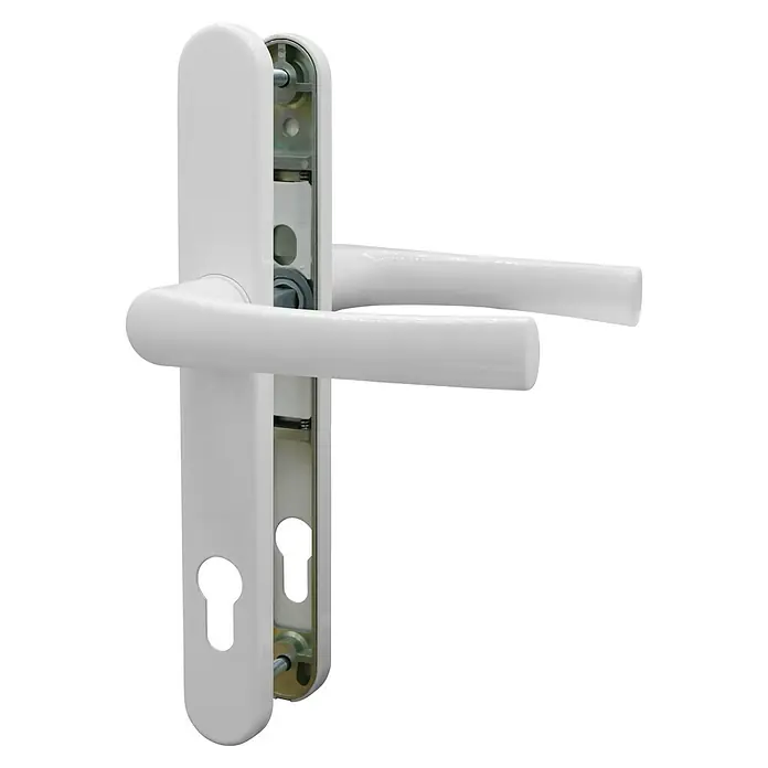 Portaferm Rahmentürdrücker HERA - Aluminium, Weiß - Nahaufnahme eines weißen Türgriffs mit Schlossmechanismus, ideal für moderne Inneneinrichtungen.
