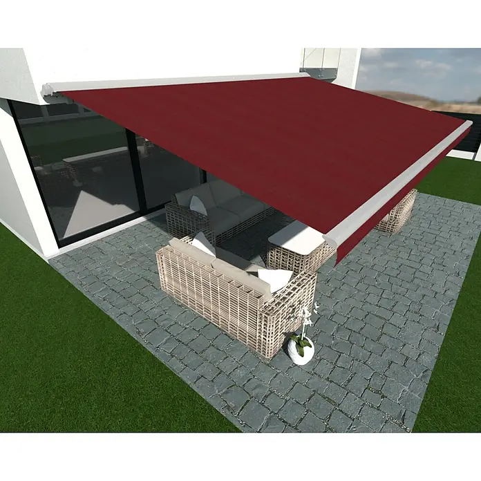 SM Hülsenmarkise T-407/11 - Rot, Farbe Gestell: Weißaluminium, Breite: 3,6 m, Ausfall: 2,5 m - Eine rote Markise schützt eine Terrassengarnitur vor der Sonne und sorgt für angenehmen Schatten im Außenbereich.