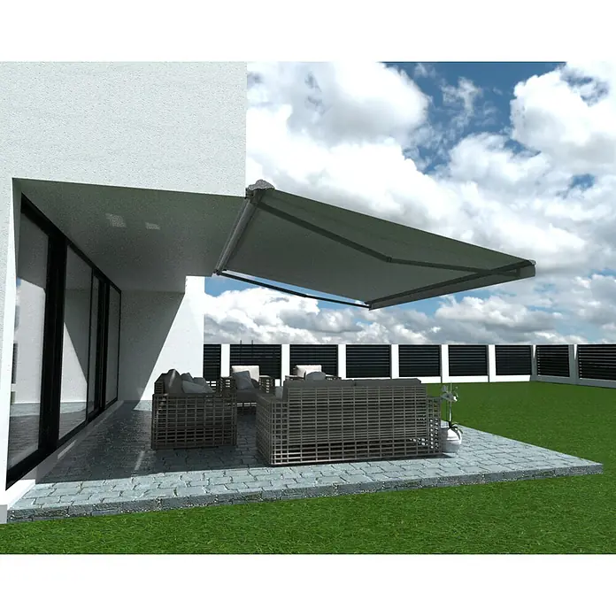 SM Hülsenmarkise REC-196 - Hellgrau, Farbe Gestell: Weißaluminium, Breite: 5 m, Ausfall: 3 m - Graue Terrassenüberdachung mit Korbsofas und Blumen für zusätzlichen Schatten und Stil.