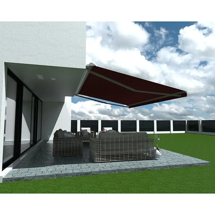 SM Hülsenmarkise T-407/11 - Rot, Farbe Gestell: Weißaluminium, Breite: 3,6 m, Ausfall: 2,5 m - Eine Terrasse mit einem ausfahrbaren, burgunderroten Sonnensegel, die einen schattigen Platz für Gartenmöbel bietet.
