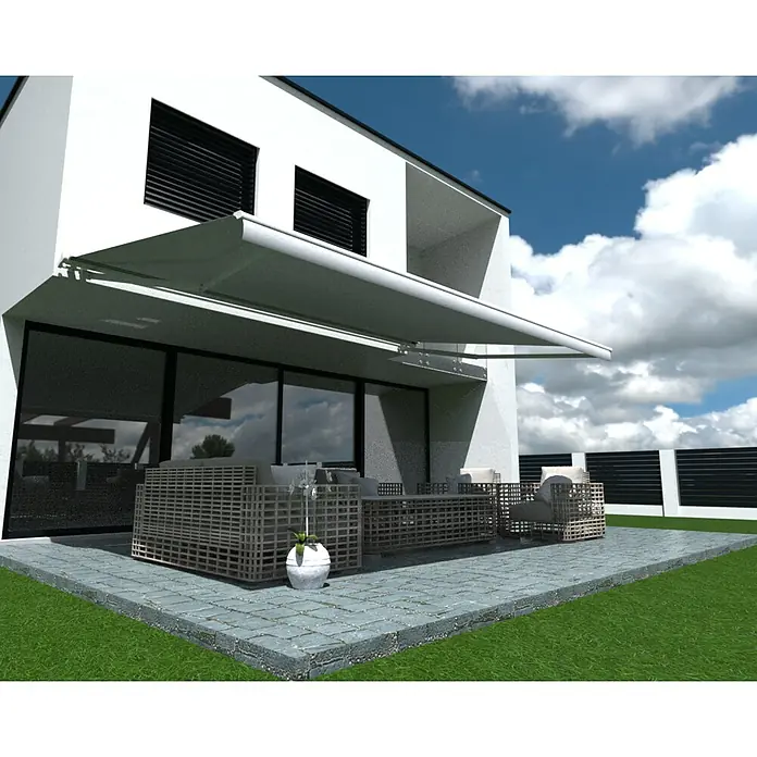 SM Hülsenmarkise REC-196 - Hellgrau, Farbe Gestell: Verkehrsweiß, Breite: 2,5 m, Ausfall: 2 m - Moderne Hausfassade mit stilvoller Markise über der Terrasse. Die Markise bietet Schatten und Komfort im Außenbereich.