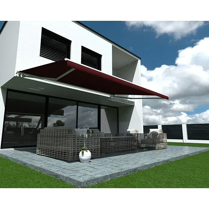 SM Hülsenmarkise T-407/11 - Rot, Farbe Gestell: Verkehrsweiß, Breite: 2,5 m, Ausfall: 2 m - Modernes Haus mit roter Markise über der Terrasse, die Schutz vor Sonne bietet und den Außenbereich aufwertet. Gartenmöbel auf der Terrasse.