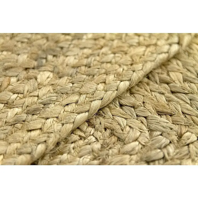 Alfombra de yute Nazar - Beige, 60 x 40 cm - Primer plano de una alfombra trenzada de fibra natural, destacando la textura y la artesanía del producto.
