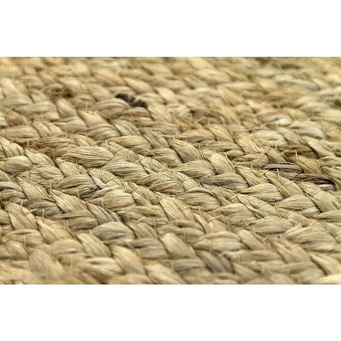 Alfombra de yute Nazar - Beige, 60 x 40 cm - Primer plano de una alfombra de yute tejida, que destaca la textura y el patrón del material natural.