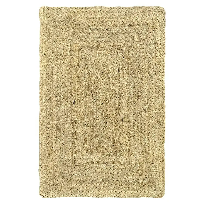 Alfombra de yute Nazar - Beige, 60 x 40 cm - Primer plano de una alfombra rectangular de yute trenzado con un patrón de borde decorativo.