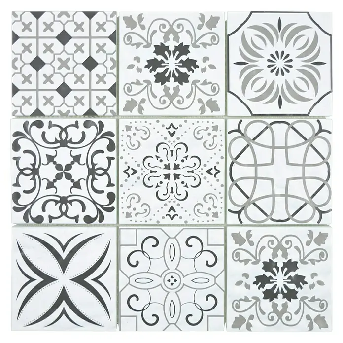 Mosaikfliese Crystal Retro XCM 8RBW97 - 30 x 30 cm, Weiß/Schwarz, Matt - Quadratische Fliesen mit verschiedenen grauen und weißen dekorativen Mustern für eine stilvolle Wand- oder Bodengestaltung.