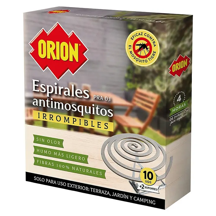 Espiral antimosquitos - 10 ud. - Paquete de espirales antimosquitos Orion para uso exterior, eficaces contra el mosquito tigre, fórmula natural y larga duración.