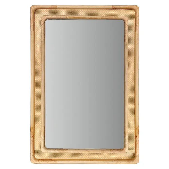 Espejo con marco Cesca - 60 x 90 cm, Nature, Madera - Elegante espejo con marco de madera clara y ratán. El espejo rectangular es un complemento elegante para cualquier habitación.