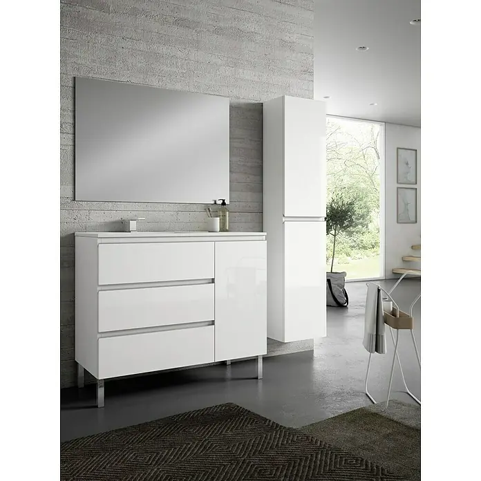 Mueble bajo de lavabo Hermes - An x Pr x Al: 100 x 45 x 85 cm, Blanco - Baño moderno con mueble de lavabo blanco, espejo grande y armario alto para un diseño de baño elegante.