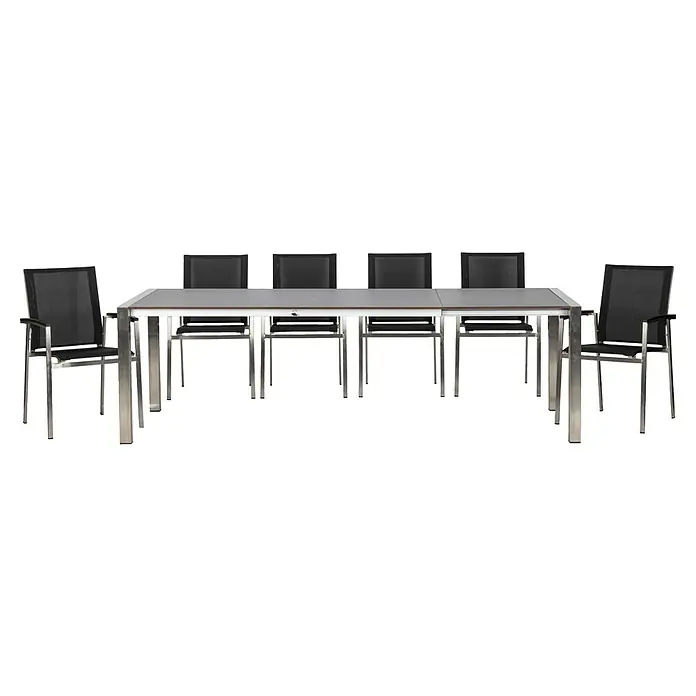 Acamp Gartenmöbel-Set Auris/Extensio - 7 -tlg., Edelstahl, Polywood, HPL, Schwarz - Silberner Esstisch mit sechs Stühlen, ideal für moderne Essbereiche, mit robustem Metallrahmen und minimalistischem Design.