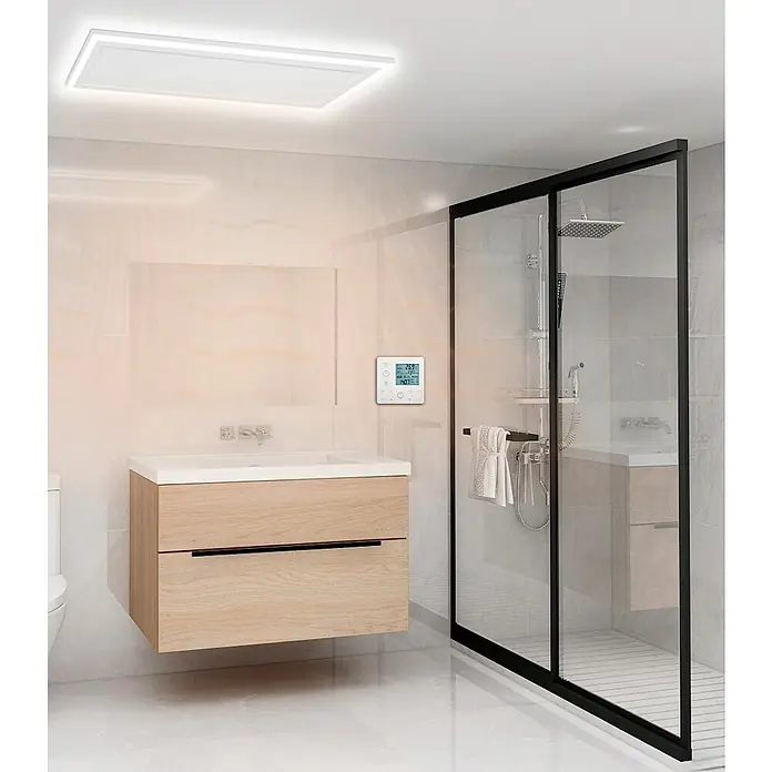 Jollytherm Infrarotheizkörper - B x H: 63 x 65 cm, 400 W, Weiß - Elegantes Badezimmer mit moderner Deckenleuchte, Waschtischunterschrank und Duschkabine mit schwarzen Rahmen.