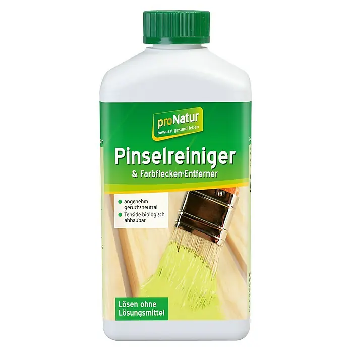 Baufan Pronatur Pinselreiniger & Farbflecken-Entferner - 500 ml, Lösemittelfrei - Produktbild eines "proNatur Pinselreiniger & Farbflecken-Entferner" Reinigungsmittels in einer weißen Plastikflasche mit grünem Deckel.