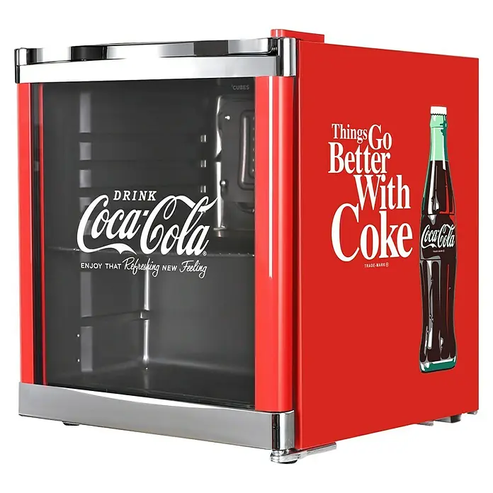 Cubes Vollraumkühlschrank Cool Cube - Nutzinhalt Kühlen: 48 l, 47,5 x 43 x 51 cm, Rot/Schwarz - Ein kompakter Coca-Cola Kühlschrank im Retro-Design. Ideal für kleine Räume oder als dekoratives Element für Liebhaber des Kultgetränks.