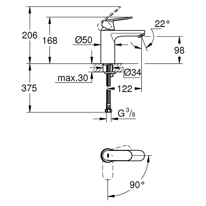 Grohe Eurosmart Cosmopolitan Waschtischarmatur M-Size mit ES-Funktion - Ohne Zugstange, Chrom, Glänzend - Produktbild einer Armatur mit Maßangaben. Die Armatur ist detailliert bemaßt und präsentiert alle wichtigen Abmessungen.