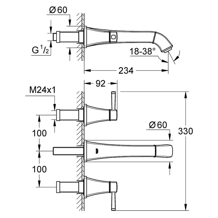 Grohe Grandera Waschtischarmatur (Wandmontage, 3 Stk., Chrom, Glänzend, Ausladung Armatur: 234 mm) | BAUHAUS