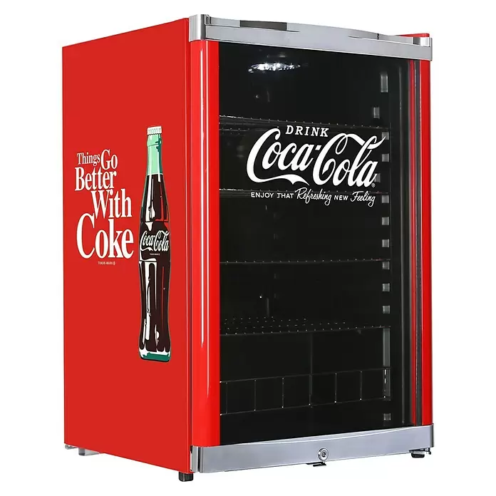 Cubes Kühlschrank High Cube - Nutzinhalt Kühlen: 115 l, L x B x H: 54,8 x 54 x 84,5 cm, Rot/Schwarz - Roter Coca-Cola Mini-Kühlschrank mit Glastür, Chromleisten und internen Regalen, klassisches Branding.