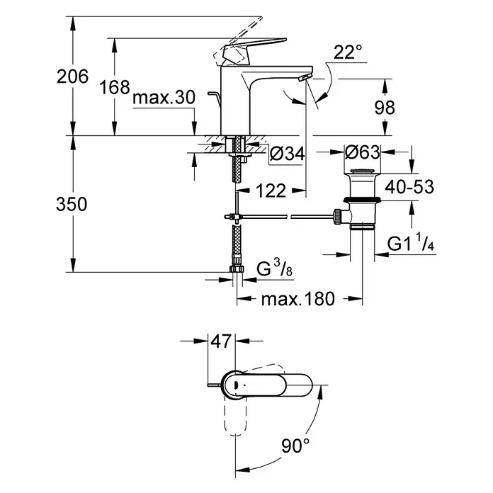 Grohe Eurosmart Cosmopolitan Waschtischarmatur M-Size mit ES-Funktion - Mit Zugstange, Chrom, Glänzend - Technische Zeichnung einer Armatur mit Maßangaben. Ideal zur Planung Ihres Badezimmers.