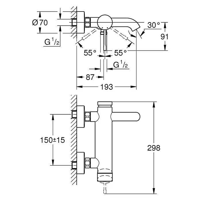 Grohe Essence Badewannenarmatur - Ausladung Armatur: 193 mm, Supersteel, Matt - Technische Zeichnung einer Armatur mit Maßangaben zu Durchmesser, Winkel und Abständen für die Installation.