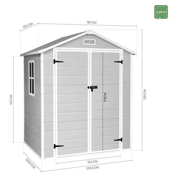 The Space Plus Caseta para jardín One 2.6 - Medidas ext. (An x Pr): 181 x 134 cm, Gris y Blanco, Plástico, Área: 2,39 m² - Ilustración de una caseta de jardín gris con medidas de altura, anchura y profundidad para información detallada del producto.