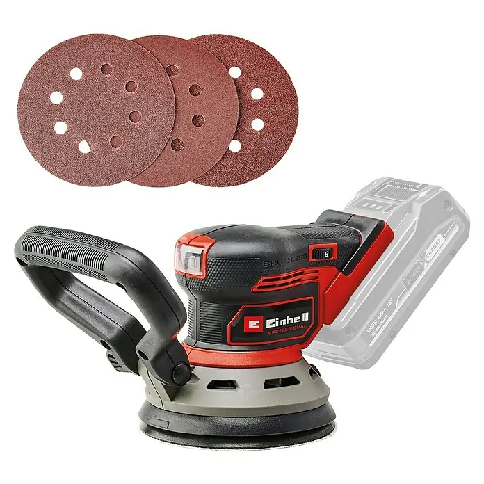 Einhell Power X-Change 18V Akku-Exzenterschleifer TP-RS 18/32 Li BL-Solo - 18 V, Ohne Akku, 125 mm - Bild eines Einhell Akku-Exzenterschleifers mit Schleifscheiben und Akku. Das Gerät ist für professionelle Schleifarbeiten konzipiert.
