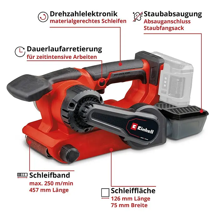 Einhell Professional Power X-Change 18V Akku-Bandschleifer TP-BS 18/457 Lo BL - Solo - 18 V, Ohne Akku, Bandgeschwindigkeit: 120 m/min - 250 m/min - Nahaufnahme eines Einhell Bandschleifers mit Details zu Funktionen wie Drehzahlregelung und Staubabsaugung.