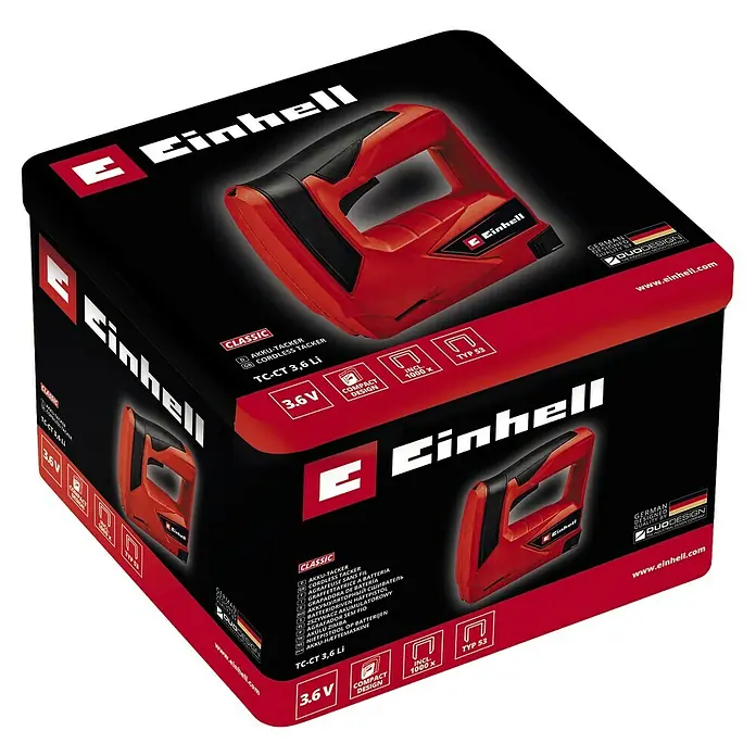 Einhell Classic Akku-Tacker TC-CT 3,6 Li - 3,6 V, 1 Akku, 1.300 mAh, Klammertiefe: 6 mm - 14 mm - Abbildung einer Verpackung für einen Akku-Tacker von Einhell. Der kabellose Tacker TC-CT 3,6 Li ist rot/schwarz und wird mit 3,6 V betrieben.