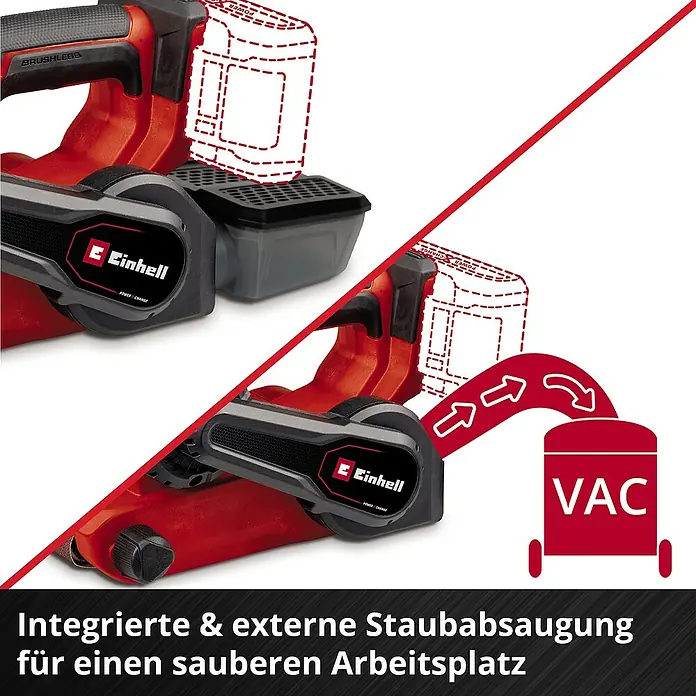 Einhell Professional Power X-Change 18V Akku-Bandschleifer TP-BS 18/457 Lo BL - Solo - 18 V, Ohne Akku, Bandgeschwindigkeit: 120 m/min - 250 m/min - Abbildung eines Einhell Akku-Bandschleifers mit integrierter und externer Staubabsaugung für einen sauberen Arbeitsplatz.