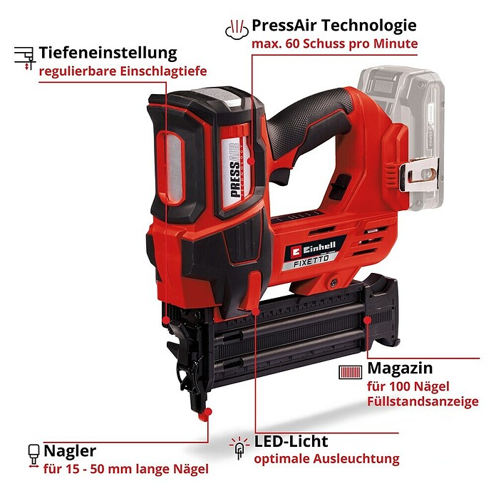 Einhell Power X-Change 18V Akku-Nagler Fixetto 18/50 N (18 V, Ohne Akku, Länge Nagel: 15 mm - 50 mm) | BAUHAUS