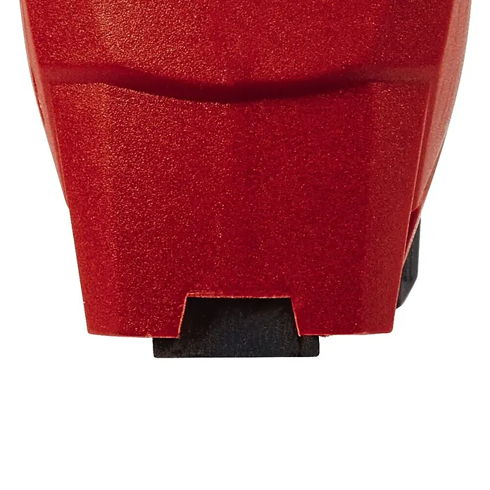 Einhell Classic Akku-Tacker TC-CT 3,6 Li - 3,6 V, 1 Akku, 1.300 mAh, Klammertiefe: 6 mm - 14 mm - Nahaufnahme der roten Kunststoffbasis eines Einhell-Produkts mit einem schwarzen Einsatz.