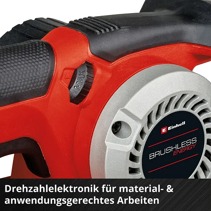 Einhell Professional Power X-Change 18V Akku-Bandschleifer TP-BS 18/457 Lo BL - Solo - 18 V, Ohne Akku, Bandgeschwindigkeit: 120 m/min - 250 m/min - Detailaufnahme einer Einhell-Maschine mit Drehzahlregulierung und bürstenloser Energietechnologie.