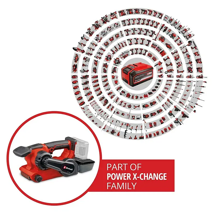Einhell Professional Power X-Change 18V Akku-Bandschleifer TP-BS 18/457 Lo BL - Solo - 18 V, Ohne Akku, Bandgeschwindigkeit: 120 m/min - 250 m/min - Abbildung des Einhell Akku-Fugenreinigers, Teil der Power X-Change Familie, mit Zubehör und Akku in Rot und Schwarz dargestellt.